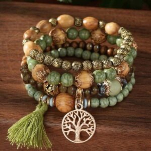 Jewelry - BOHO HEADED STACKED BRACELETS with CHARMS and TASSEL NWT